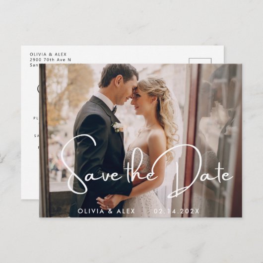 シンプルモダンScript Wedding日付の写真を保存 ポストカード (正面/裏面)