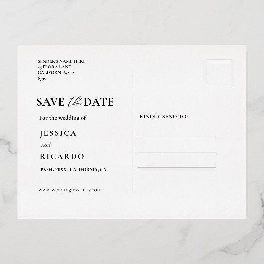 シンプルモダンScript Wedding日付の写真Pを保存 箔招待状ポストカード (裏面)