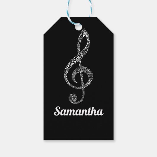 シンプルモダンTrebleクレフ、 音符記号ホワイトノート図解入りの、写真付きの ギフトタグ (正面)