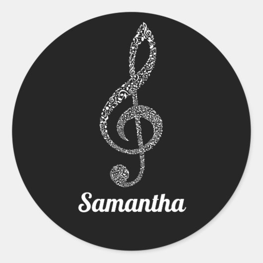 シンプルモダンTrebleクレフ、 音符記号ホワイトノート図解入りの、写真付きの ラウンドシール (正面)