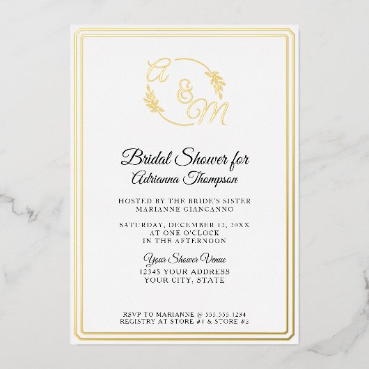 シンプルモノグエレガントラムホワイトn金ゴールドブライダルシャワー 箔招待状 (正面)