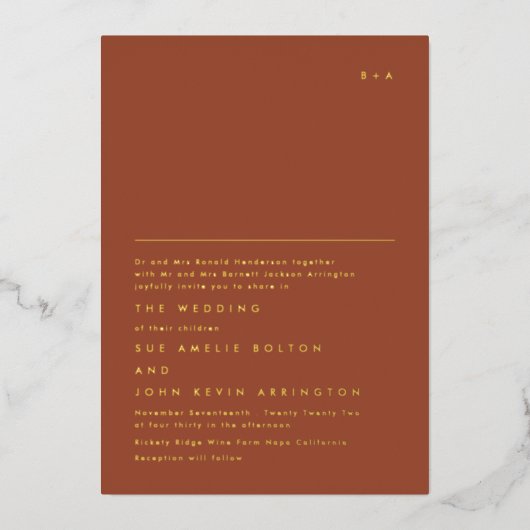 シンプルモノグエレガントラム金ゴールド |テラコッタ砂漠 箔招待状 (正面)