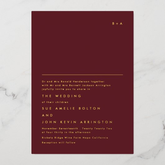 シンプルモノグエレガントラム金ゴールド | Maroon Burgundy 箔招待状 (正面)