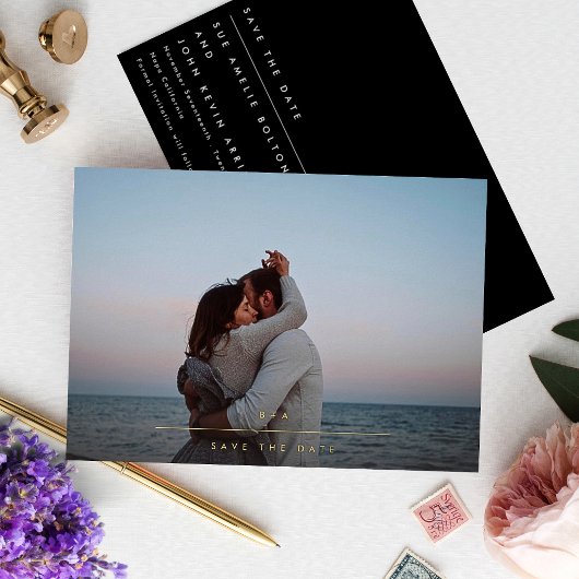 シンプルモノグラエレガントム金ゴールド写真の保存日付 箔招待状