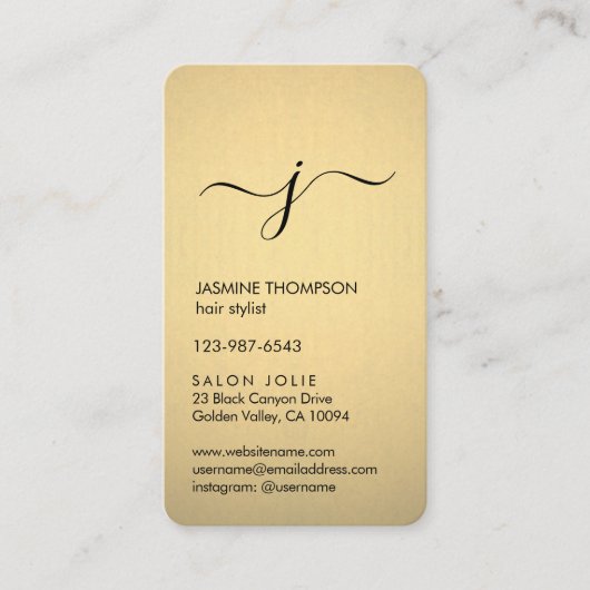 シンプルモノグラムのフェイク Black & Gold Foil Vertical 予約カード (正面)