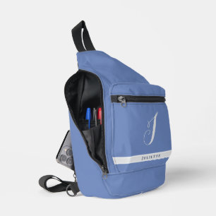 シンプルモノグラムイニシャル名銀白色スカイブルー スリングバッグ