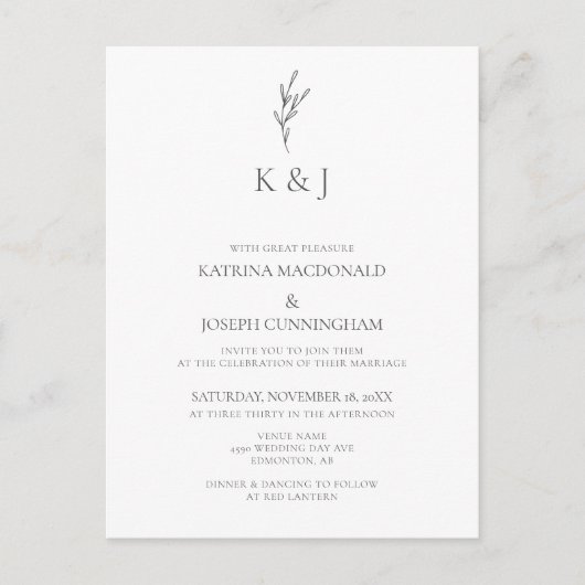 シンプルモノグラムエレガントミニマリストシック結婚ズ ポストカード (正面)