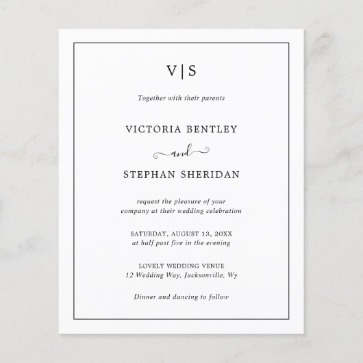 シンプルモノグラムエレガント予算結婚式招待状 (正面)