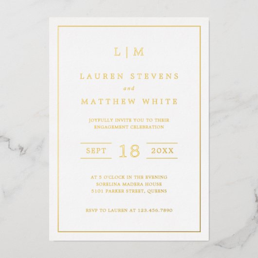 シンプルモノグラムエレガント婚約パーティ 箔招待状 (正面)