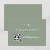 シンプルモノグラムグリーンQRコードウェディングRSVPカード サンキューカード (正面/裏面)