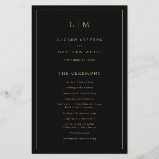 シンプルモノグラムブラック金ゴールドバジェット結婚式 プログラム チラシ (正面)