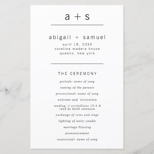 シンプルモノグラムミニマルモダン結婚式 プログラム (正面)