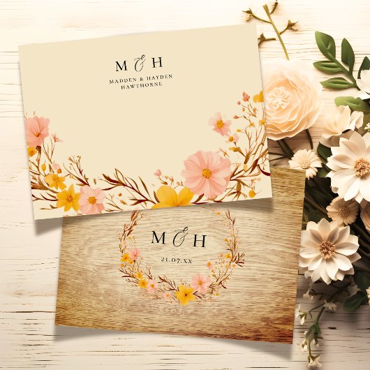 シンプルモノグラムモダンカップル野花ウッドルック ノートカード