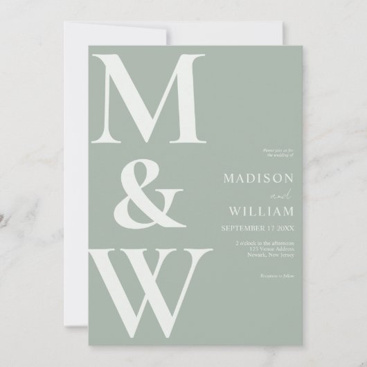 シンプルモノグラムモダンセージ結婚グリーン 招待状 (正面)