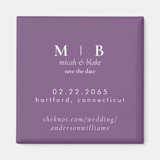 シンプルモノグラムラベンダーウェディング日付を保存 マグネット (正面)
