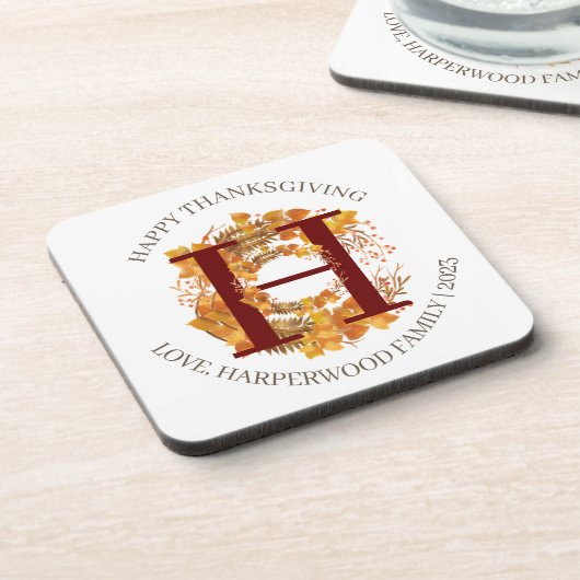 シンプルモノグラム秋ハーベストハッピーサンクスギビング コースター (左側)