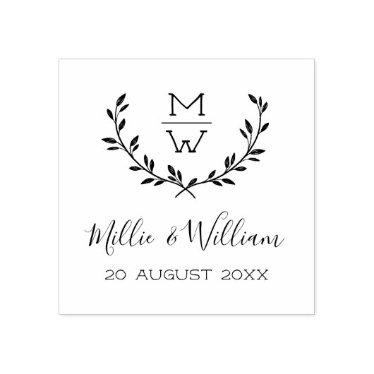 シンプルモノグラム素朴リースカスタムウェディング ラバースタンプ (インプリント)