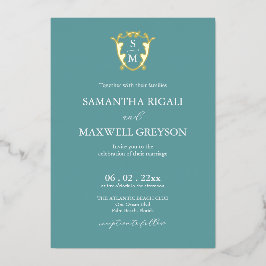 シンプルモノグラム結婚ブルー 箔招待状