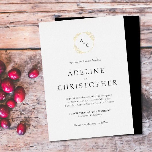 シンプルモノグラム葉ホイル結婚ズ 箔招待状