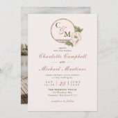 シンプルモノグラム赤面ピンクペオニ結婚ズ 招待状 (正面/裏面)