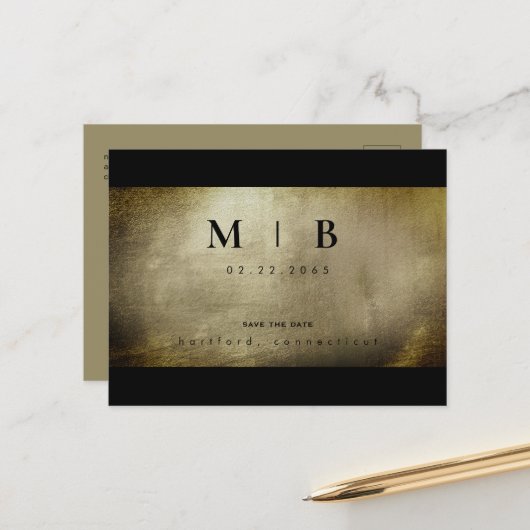 シンプルモノグラム金属結婚式の日付を保存QR 案内ポストカード (正面/裏面インサイチュ)