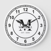 シンプルモノグラム黒と白のカスタム姓 ラージ壁時計 (正面)