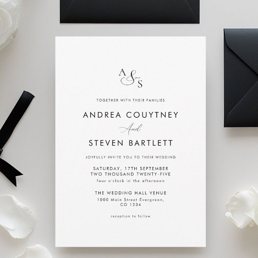 シンプルモノグラム黒と白結婚の 招待状