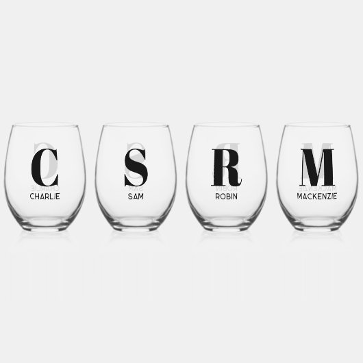 シンプルモノグラモダンムイニシャル名パーソナライズされた ステムなしワイングラス (正面)