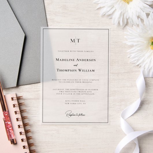 シンプルモノグラ縁どム写真結婚の ベラム紙招待状 (ウェディング)