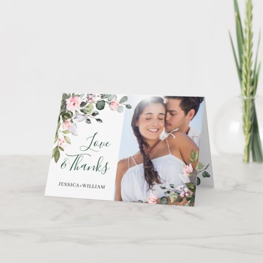 シンプルユエレガントーカリ赤面ピンクローズ結婚ズ サンキューカード (正面)