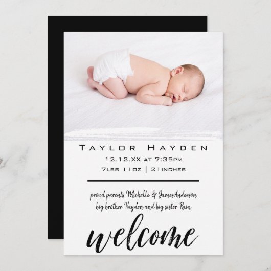 シンプルユニセックス歓迎の写真誕生のお知らせ 案内状 (正面/裏面)