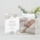 シンプルユーカリと金ゴールドクロス |写真バプテスマ サンキューカード (スタンド正面)