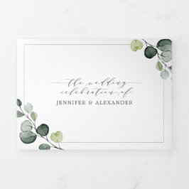 シンプルユーカリの緑の全結婚体 三つ折り招待状