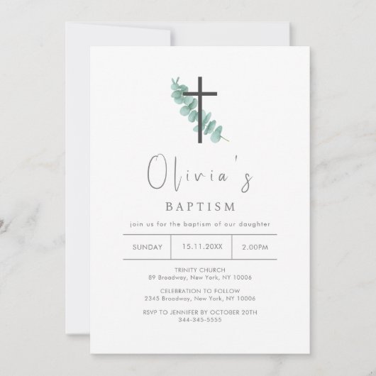 シンプルユーカリプタスクロス《キリスト教》洗礼式や命名式バプテスマ 招待状 (正面)