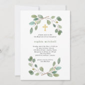 シンプルユーカリプタス緑と金ゴールドクロスバプテスマ 招待状 (正面)