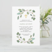 シンプルユーカリプタス緑と金ゴールドクロスバプテスマ 招待状 (スタンド正面)