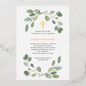 シンプルユーカリプタス緑と金ゴールドクロスバプテスマ 箔招待状 (正面)