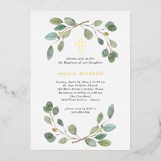 シンプルユーカリプタス緑と金ゴールドクロスバプテスマ 箔招待状 (正面)