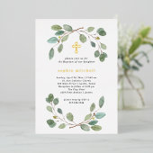 シンプルユーカリプタス緑と金ゴールドクロスバプテスマ 箔招待状 (立ち正面)