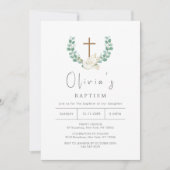 シンプルユーカリプタス鳥金ゴールドクロスリースバプテスマ 招待状 (正面)