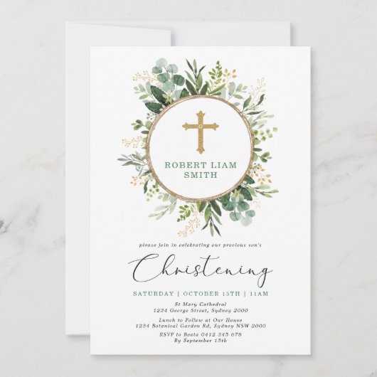 シンプルユーカリプトゥスグリーンリー金ゴールドクロス《キリスト教》洗礼式や命名式 招待状 (正面)