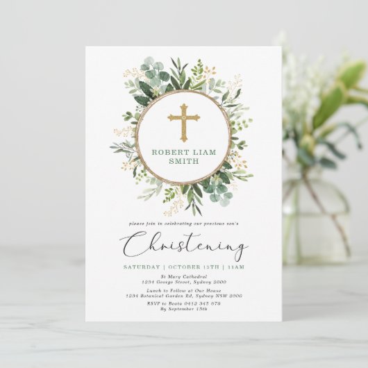 シンプルユーカリプトゥスグリーンリー金ゴールドクロス《キリスト教》洗礼式や命名式 招待状 (スタンド正面)