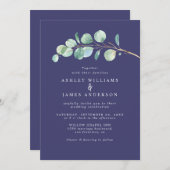 シンプルユーカリプトゥス葉ネイビーブルー結婚ズ 招待状 (正面/裏面)