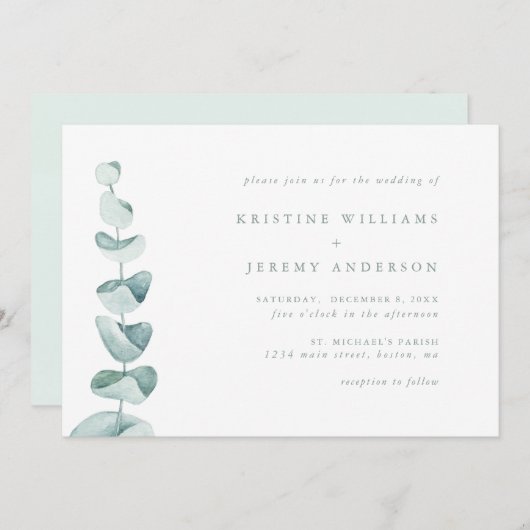 シンプルユーカリ水の色の緑結婚色 招待状 (正面/裏面)