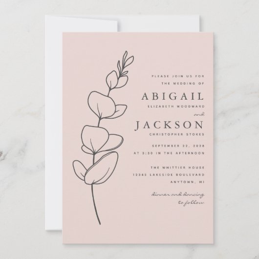 シンプルユーカリ線スケッチ赤面ピンク結婚ズ 招待状 (正面)