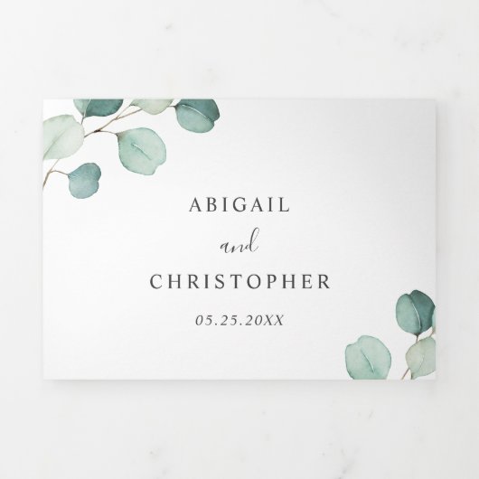 シンプルユ素朴ーカリプトゥスグリーンリーエレガントウェディング 三つ折り招待状 (カバー)