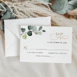 シンプルユ葉ーカリ金ゴールド結婚ズ 出欠カード<br><div class="desc">このカスタマイズ可能なRSVPカード結婚は、Boho Greeneryの金ゴールドコレクションと連携するように設計され、書のグラフィック文字を備えた水色のユーカリプタスのブランチを備え、上品なセリフと黒のサンフォントを組み合わせていモダンる。一致する項目が使用可能。</div>