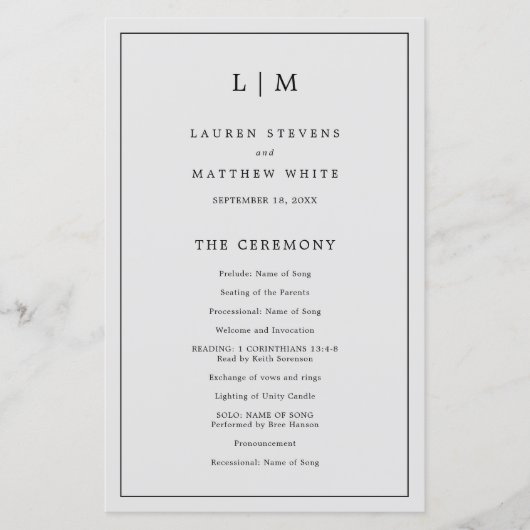 シンプルライトグレーモノグラムエレガントウェディングプログラム (正面)