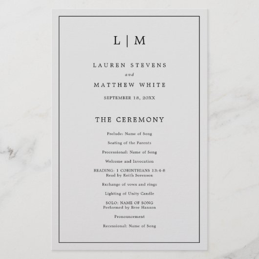 シンプルライトグレーモノグラムエレガントウェディングプログラム (正面)