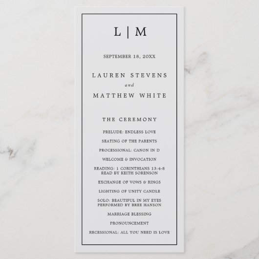 シンプルライトグレーモノグラムエレガントウェディング プログラム (正面)